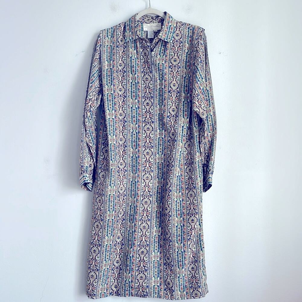 Vintage Schrader polyester long sleeve jewel tone printed midi shirt dress sz 12